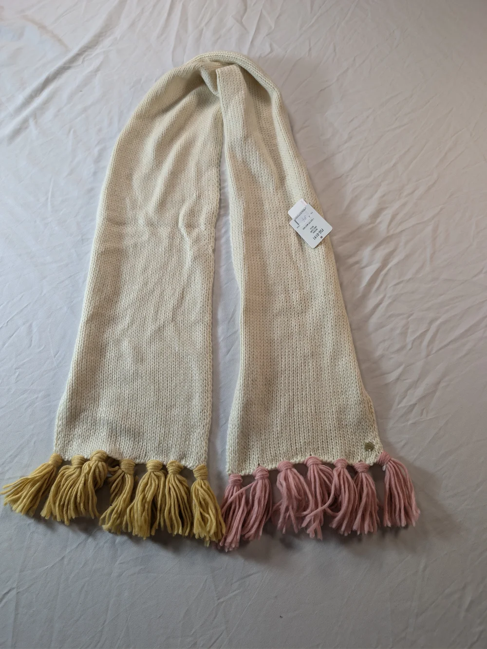 Kids Cream Knit Scarf with Pink and Mustard Tassels